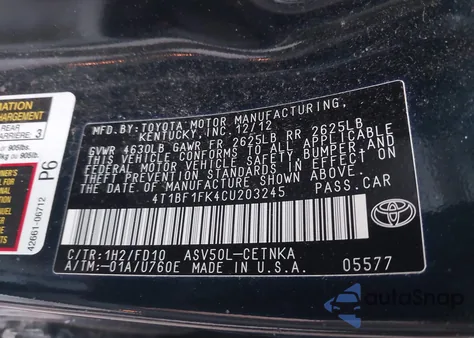 2012 Toyota Camry Le из США, поврежденный, VIN 4T1BF1FK4CU203245